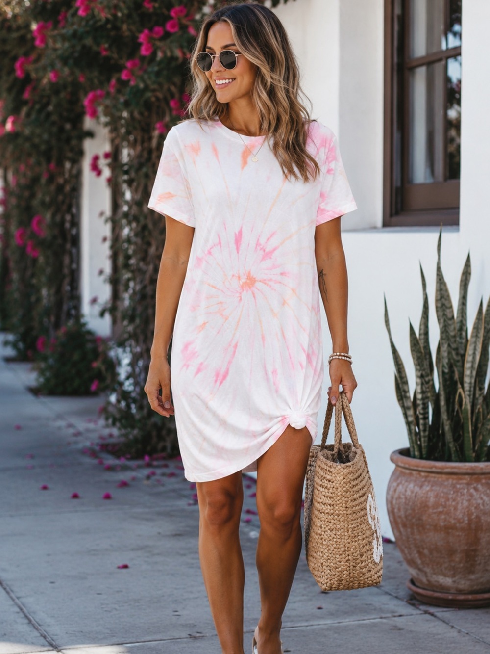 Missguided White Pink Tie Dye Cotton T Shirt Dress Women’s Size 2 Casual Midi